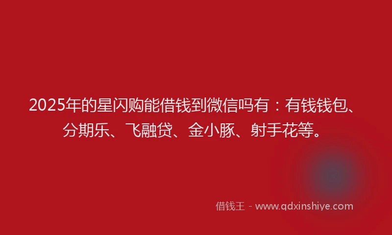 2025年的星闪购能借钱到微信吗有：有钱钱包、分期乐、飞融贷、金小豚、射手花等。
