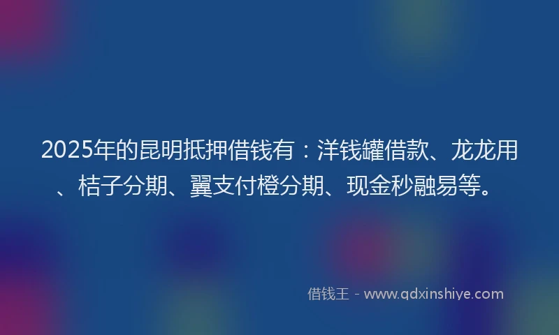 2025年的昆明抵押借钱有：洋钱罐借款、龙龙用、桔子分期、翼支付橙分期、现金秒融易等。