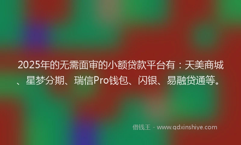 2025年的无需面审的小额贷款平台有：天美商城、星梦分期、瑞信Pro钱包、闪银、易融贷通等。