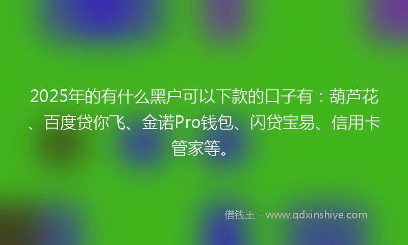 2025年的有什么黑户可以下款的口子有：葫芦花、百度贷你飞、金诺Pro钱包、闪贷宝易、信用卡管家等。