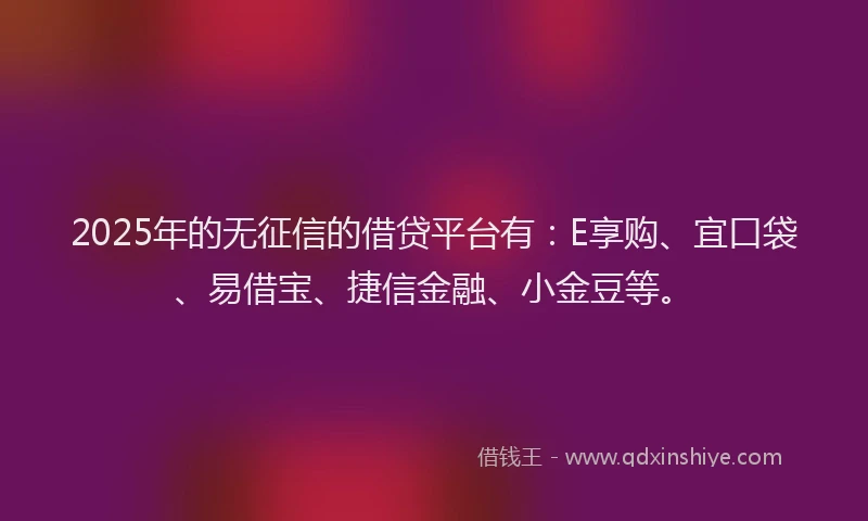 2025年的无征信的借贷平台有：E享购、宜口袋、易借宝、捷信金融、小金豆等。