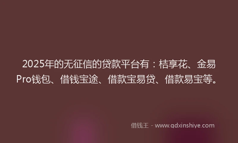 2025年的无征信的贷款平台有：桔享花、金易Pro钱包、借钱宝途、借款宝易贷、借款易宝等。