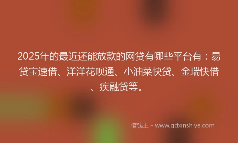 2025年的最近还能放款的网贷有哪些平台有：易贷宝速借、洋洋花呗通、小油菜快贷、金瑞快借、疾融贷等。