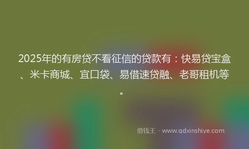 2025年的有房贷不看征信的贷款有：快易贷宝盒、米卡商城、宜口袋、易借速贷融、老哥租机等。