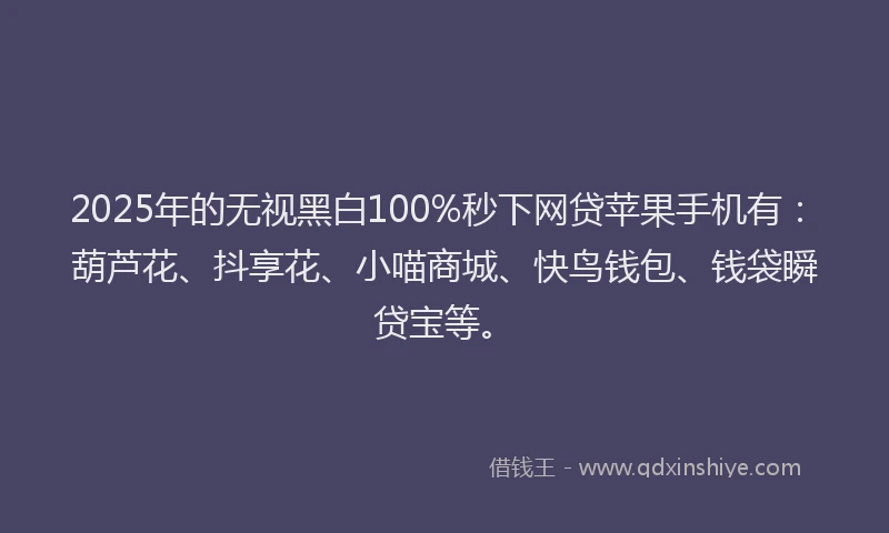 2025年的无视黑白100%秒下网贷苹果手机有：葫芦花、抖享花、小喵商城、快鸟钱包、钱袋瞬贷宝等。