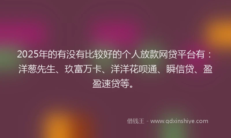 2025年的有没有比较好的个人放款网贷平台有：洋葱先生、玖富万卡、洋洋花呗通、瞬信贷、盈盈速贷等。