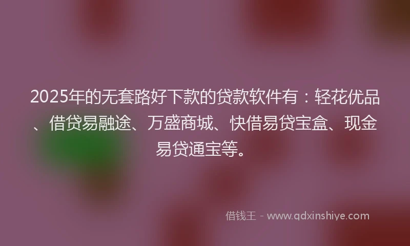 2025年的无套路好下款的贷款软件有：轻花优品、借贷易融途、万盛商城、快借易贷宝盒、现金易贷通宝等。