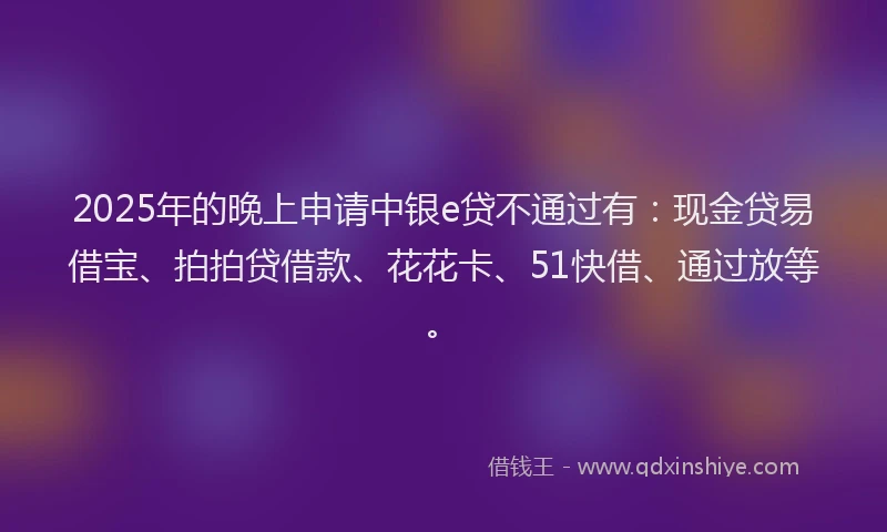 2025年的晚上申请中银e贷不通过有：现金贷易借宝、拍拍贷借款、花花卡、51快借、通过放等。