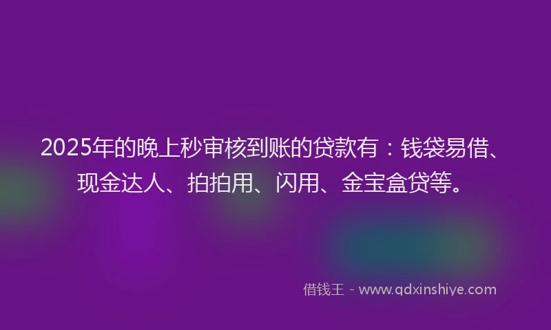 2025年的晚上秒审核到账的贷款有：钱袋易借、现金达人、拍拍用、闪用、金宝盒贷等。