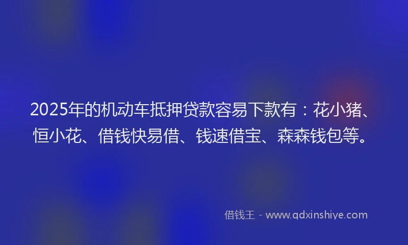 2025年的机动车抵押贷款容易下款有：花小猪、恒小花、借钱快易借、钱速借宝、森森钱包等。