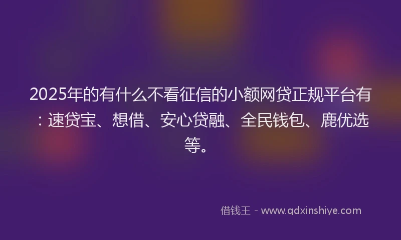 2025年的有什么不看征信的小额网贷正规平台有：速贷宝、想借、安心贷融、全民钱包、鹿优选等。