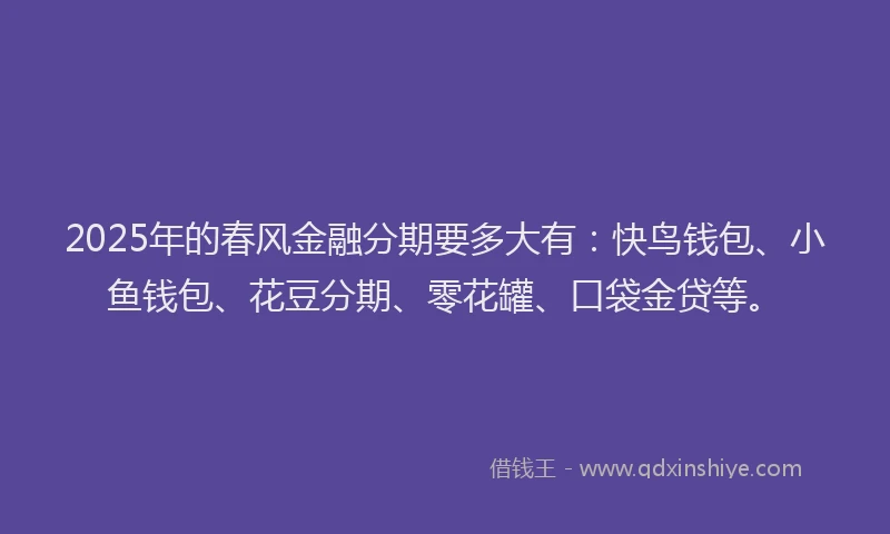 2025年的春风金融分期要多大有：快鸟钱包、小鱼钱包、花豆分期、零花罐、口袋金贷等。