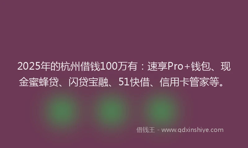 2025年的杭州借钱100万有：速享Pro+钱包、现金蜜蜂贷、闪贷宝融、51快借、信用卡管家等。