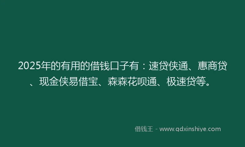 2025年的有用的借钱口子有：速贷侠通、惠商贷、现金侠易借宝、森森花呗通、极速贷等。