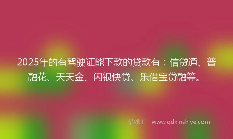 2025年的有驾驶证能下款的贷款有：信贷通、普融花、天天金、闪银快贷、乐借宝贷融等。