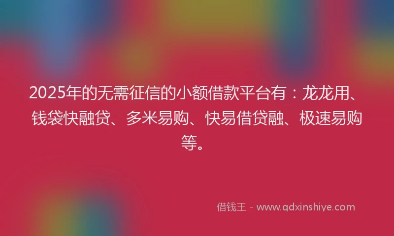 2025年的无需征信的小额借款平台有：龙龙用、钱袋快融贷、多米易购、快易借贷融、极速易购等。