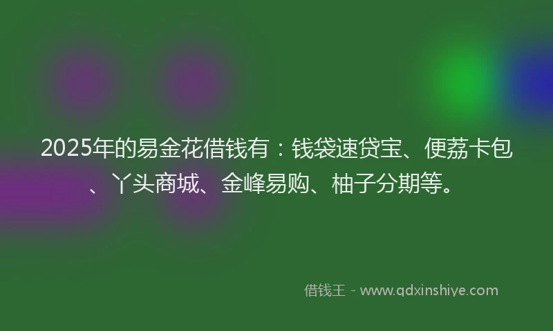 2025年的易金花借钱有：钱袋速贷宝、便荔卡包、丫头商城、金峰易购、柚子分期等。