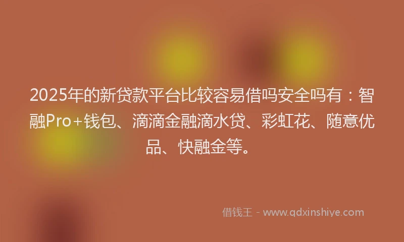 2025年的新贷款平台比较容易借吗安全吗有：智融Pro+钱包、滴滴金融滴水贷、彩虹花、随意优品、快融金等。