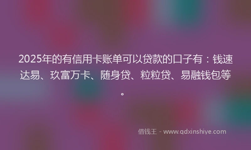 2025年的有信用卡账单可以贷款的口子有：钱速达易、玖富万卡、随身贷、粒粒贷、易融钱包等。