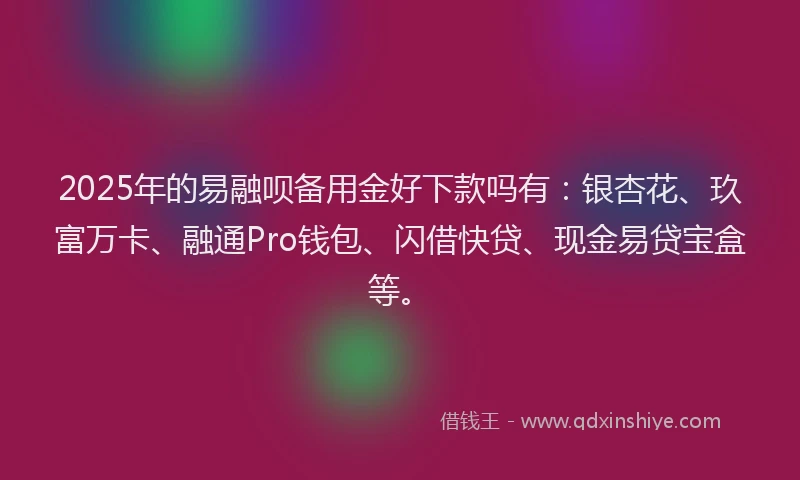 2025年的易融呗备用金好下款吗有：银杏花、玖富万卡、融通Pro钱包、闪借快贷、现金易贷宝盒等。