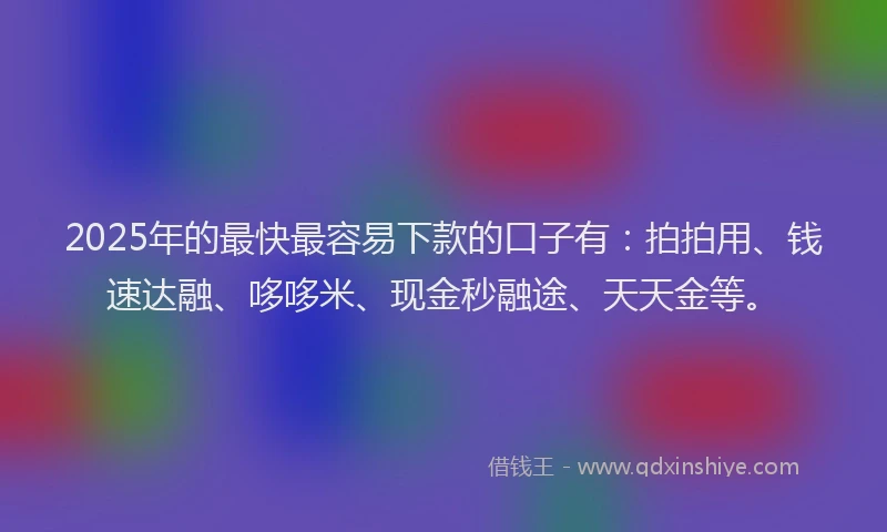 2025年的最快最容易下款的口子有：拍拍用、钱速达融、哆哆米、现金秒融途、天天金等。