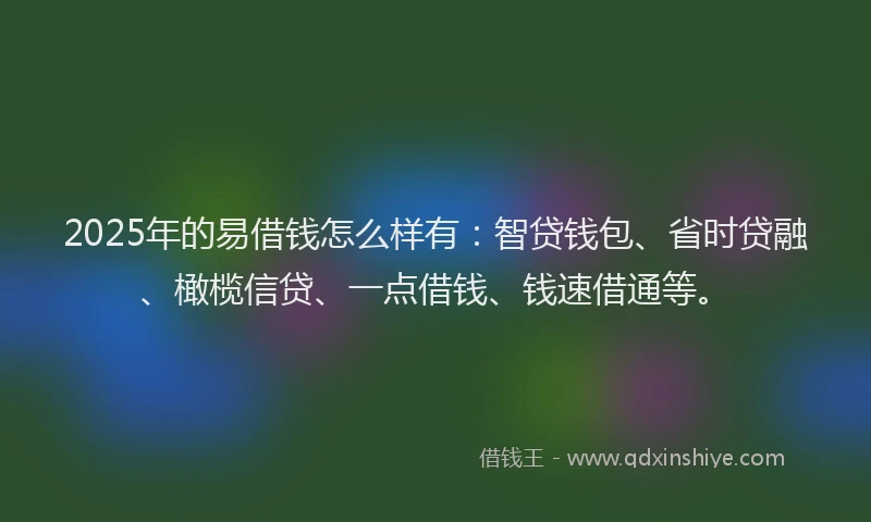 2025年的易借钱怎么样有：智贷钱包、省时贷融、橄榄信贷、一点借钱、钱速借通等。