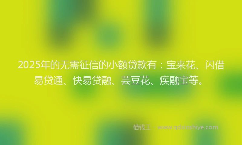 2025年的无需征信的小额贷款有：宝来花、闪借易贷通、快易贷融、芸豆花、疾融宝等。