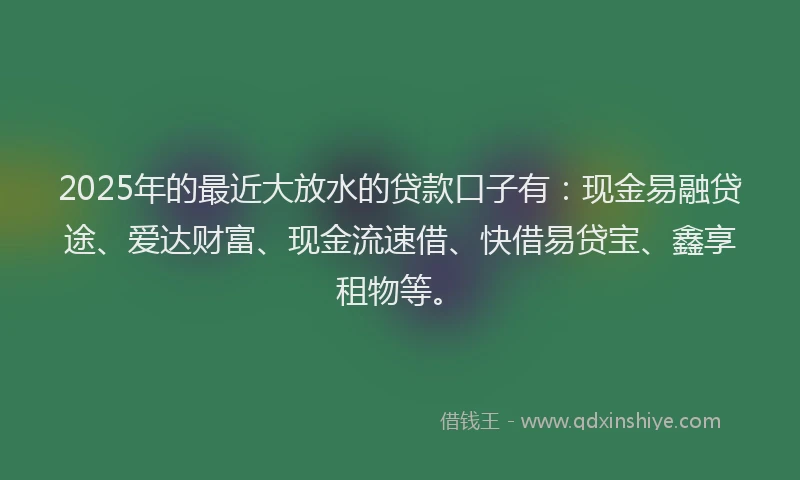 2025年的最近大放水的贷款口子有：现金易融贷途、爱达财富、现金流速借、快借易贷宝、鑫享租物等。