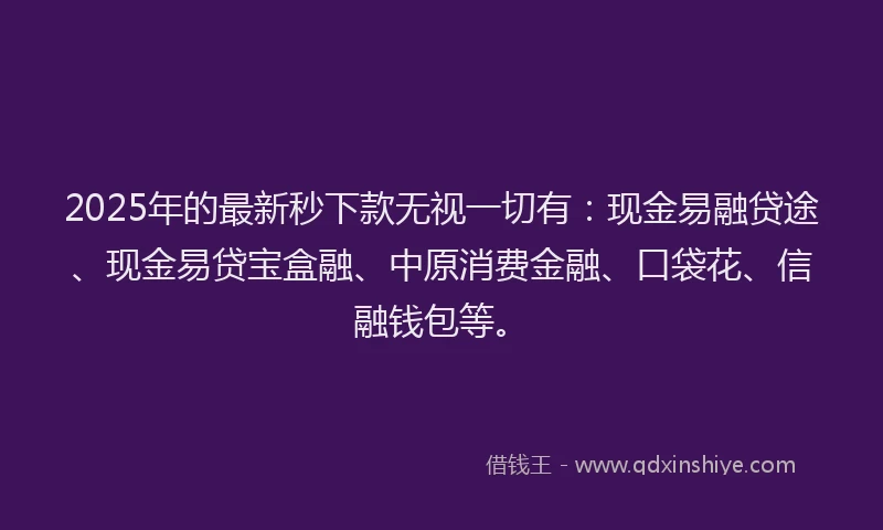 2025年的最新秒下款无视一切有：现金易融贷途、现金易贷宝盒融、中原消费金融、口袋花、信融钱包等。