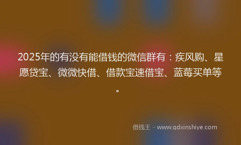2025年的有没有能借钱的微信群有：疾风购、星愿贷宝、微微快借、借款宝速借宝、蓝莓买单等。