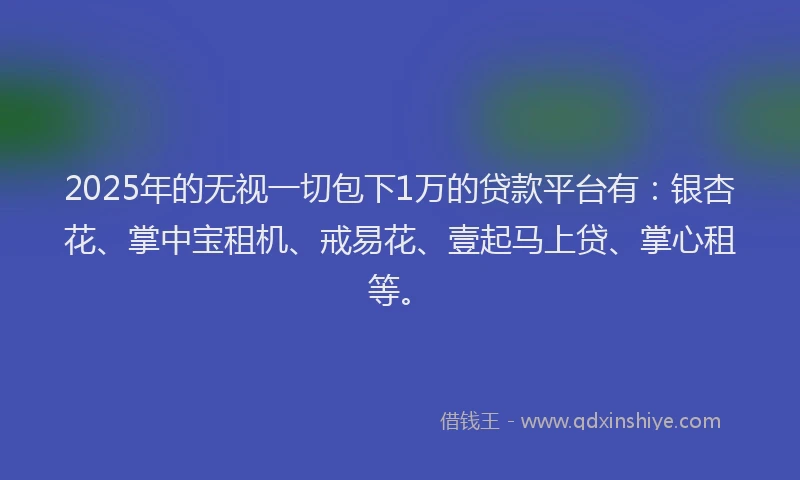 2025年的无视一切包下1万的贷款平台有：银杏花、掌中宝租机、戒易花、壹起马上贷、掌心租等。