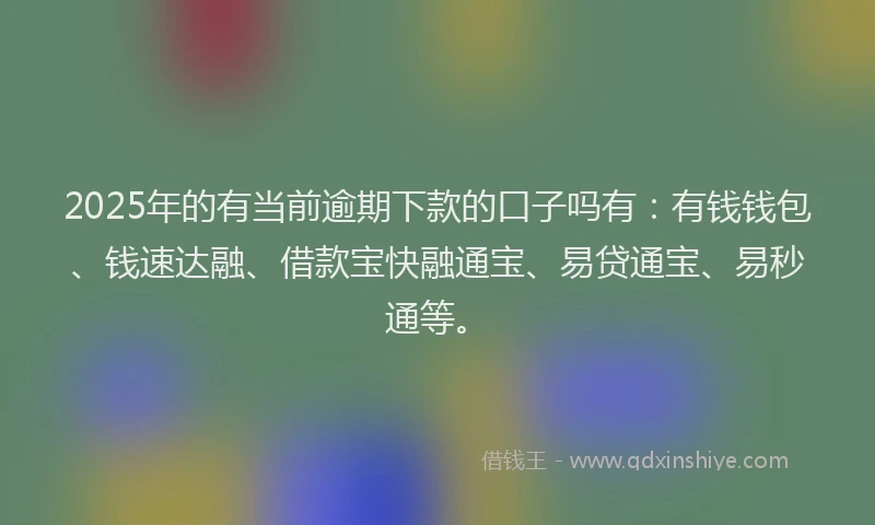 2025年的有当前逾期下款的口子吗有：有钱钱包、钱速达融、借款宝快融通宝、易贷通宝、易秒通等。