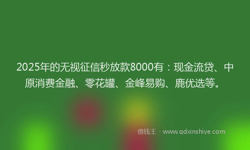 2025年的无视征信秒放款8000有：现金流贷、中原消费金融、零花罐、金峰易购、鹿优选等。