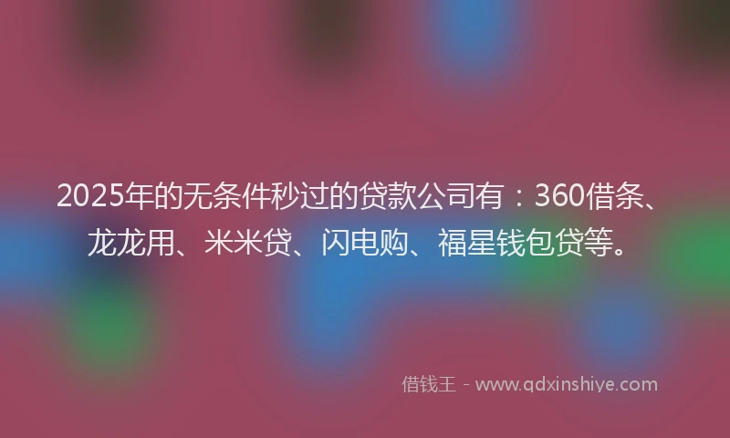 2025年的无条件秒过的贷款公司有：360借条、龙龙用、米米贷、闪电购、福星钱包贷等。