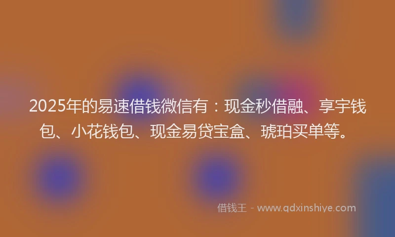 2025年的易速借钱微信有：现金秒借融、享宇钱包、小花钱包、现金易贷宝盒、琥珀买单等。