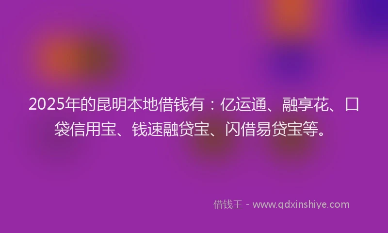 2025年的昆明本地借钱有：亿运通、融享花、口袋信用宝、钱速融贷宝、闪借易贷宝等。