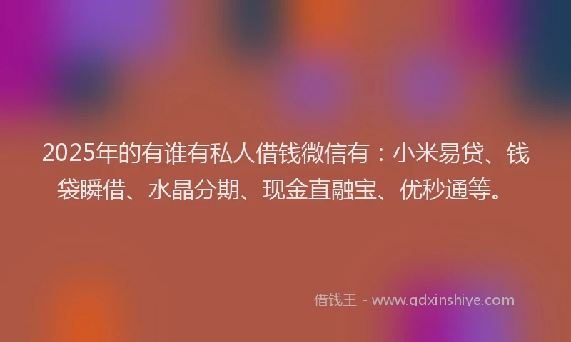 2025年的有谁有私人借钱微信有：小米易贷、钱袋瞬借、水晶分期、现金直融宝、优秒通等。