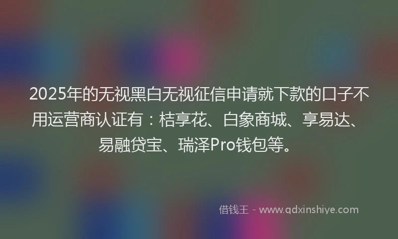 2025年的无视黑白无视征信申请就下款的口子不用运营商认证有：桔享花、白象商城、享易达、易融贷宝、瑞泽Pro钱包等。