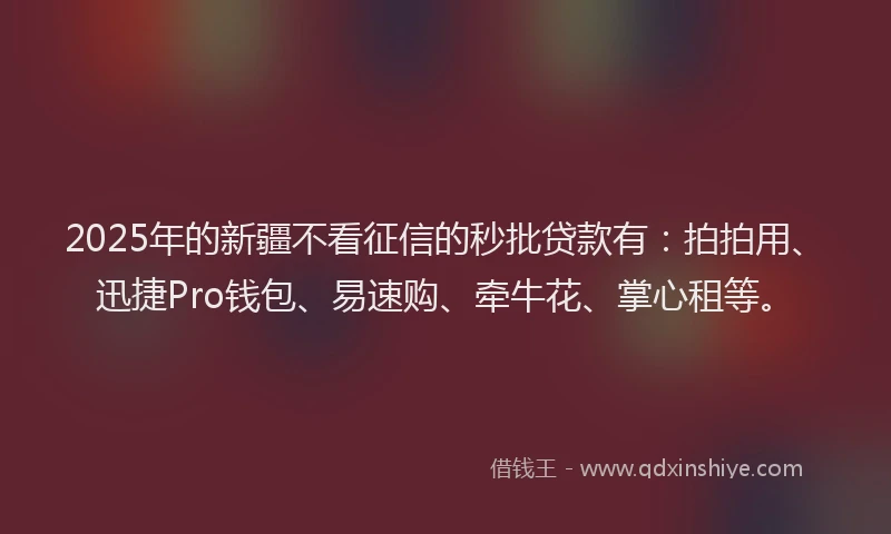 2025年的新疆不看征信的秒批贷款有：拍拍用、迅捷Pro钱包、易速购、牵牛花、掌心租等。