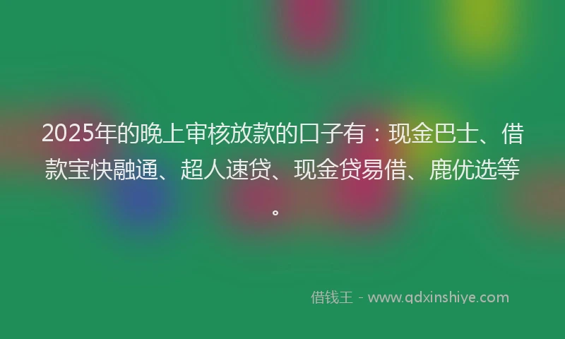 2025年的晚上审核放款的口子有：现金巴士、借款宝快融通、超人速贷、现金贷易借、鹿优选等。