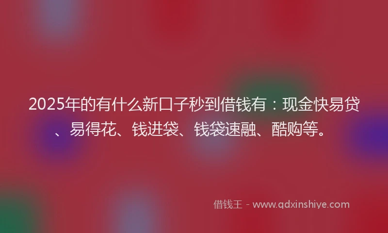 2025年的有什么新口子秒到借钱有：现金快易贷、易得花、钱进袋、钱袋速融、酷购等。