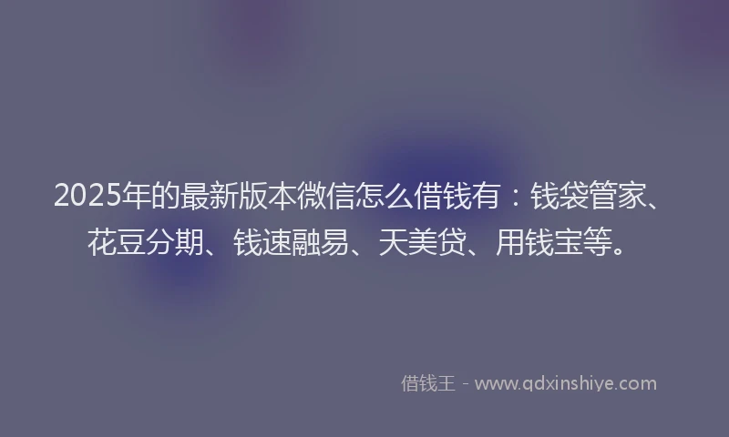 2025年的最新版本微信怎么借钱有：钱袋管家、花豆分期、钱速融易、天美贷、用钱宝等。