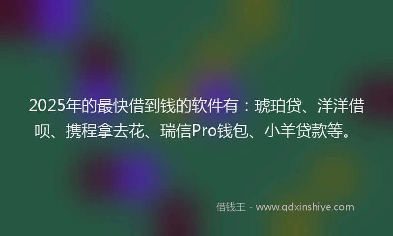 2025年的最快借到钱的软件有：琥珀贷、洋洋借呗、携程拿去花、瑞信Pro钱包、小羊贷款等。