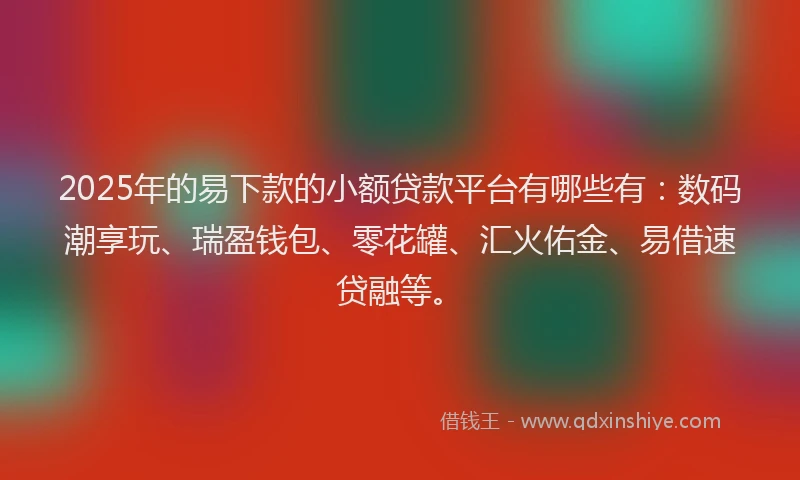 2025年的易下款的小额贷款平台有哪些有：数码潮享玩、瑞盈钱包、零花罐、汇火佑金、易借速贷融等。