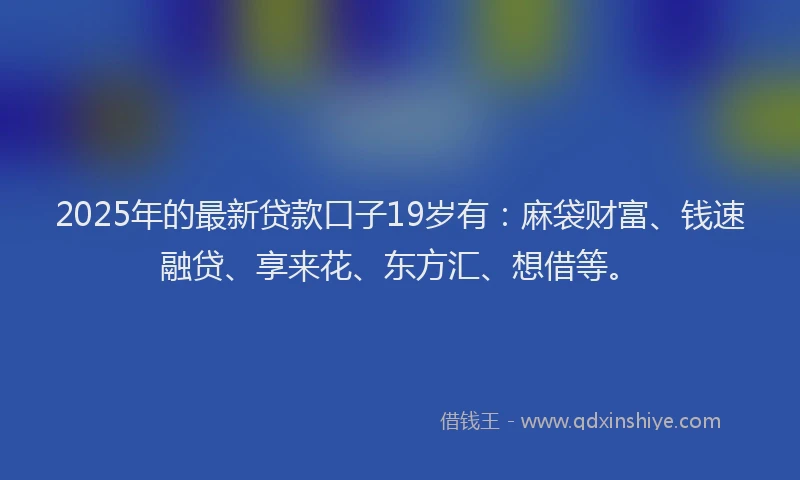 2025年的最新贷款口子19岁有：麻袋财富、钱速融贷、享来花、东方汇、想借等。