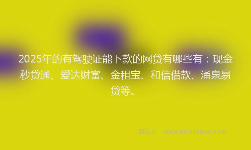 2025年的有驾驶证能下款的网贷有哪些有：现金秒贷通、爱达财富、金租宝、和信借款、涌泉易贷等。