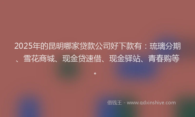 2025年的昆明哪家贷款公司好下款有：琉璃分期、雪花商城、现金贷速借、现金驿站、青春购等。