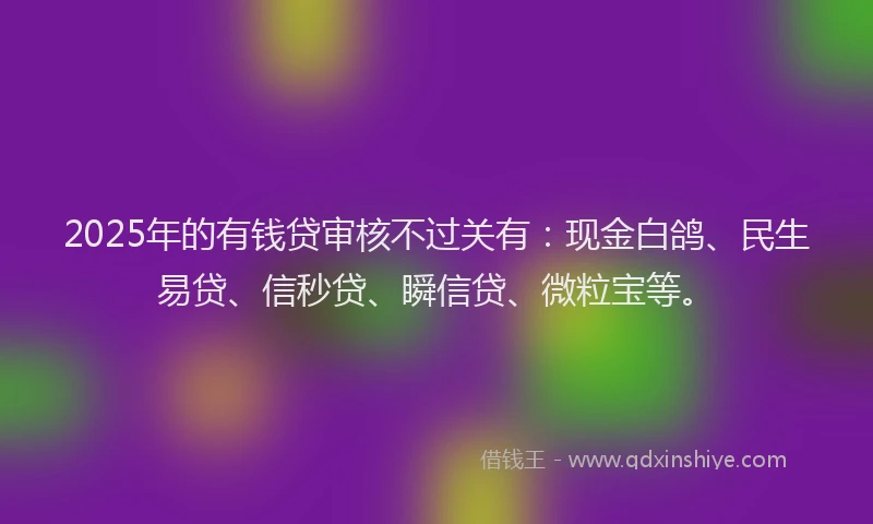 2025年的有钱贷审核不过关有：现金白鸽、民生易贷、信秒贷、瞬信贷、微粒宝等。