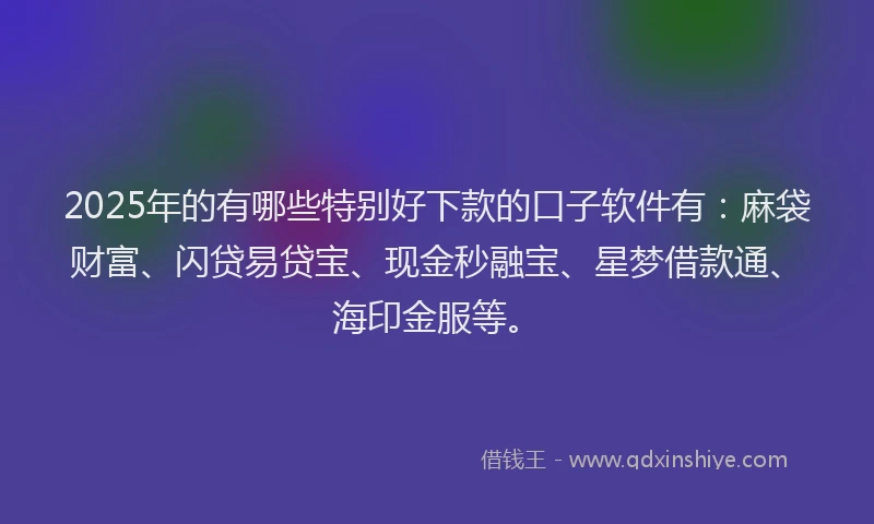 2025年的有哪些特别好下款的口子软件有：麻袋财富、闪贷易贷宝、现金秒融宝、星梦借款通、海印金服等。