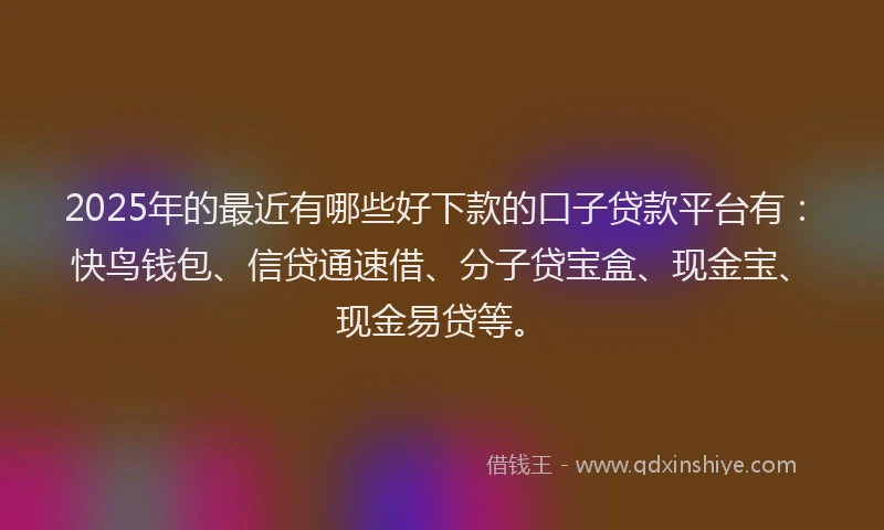2025年的最近有哪些好下款的口子贷款平台有：快鸟钱包、信贷通速借、分子贷宝盒、现金宝、现金易贷等。